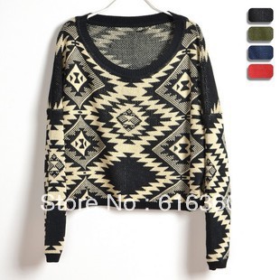 Nordic nation wind   autumn outfit geometric diamond jacquard loose brief paragraph bat sleeve head sweater new female