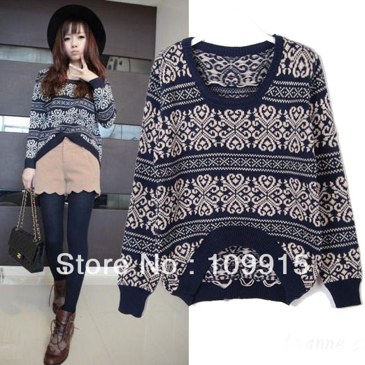 Nordic Snowflake Round Neck Black Longer Irregular Knit Pullover Sweater Women HR443
