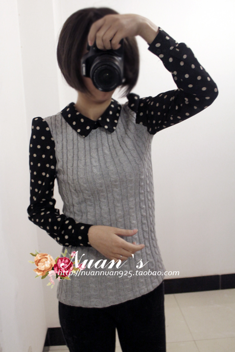 Nu an ! chiffon patchwork peter pan collar vintage polka dot knitted basic shirt