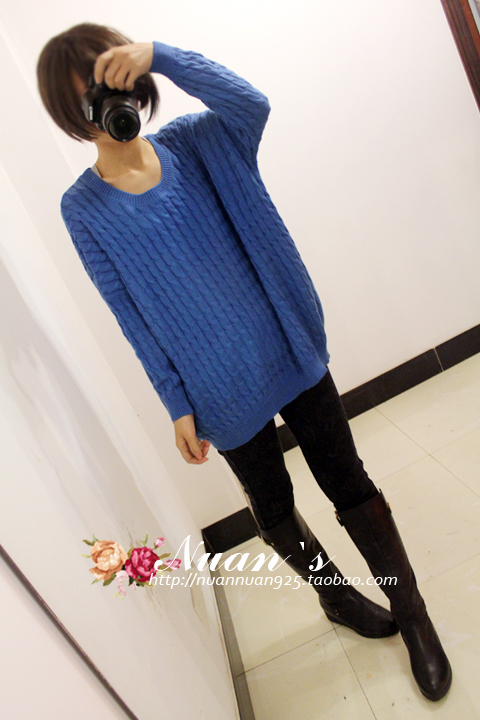 Nuan candy color multicolour batwing sleeve loose of wheat twist sweater plus size