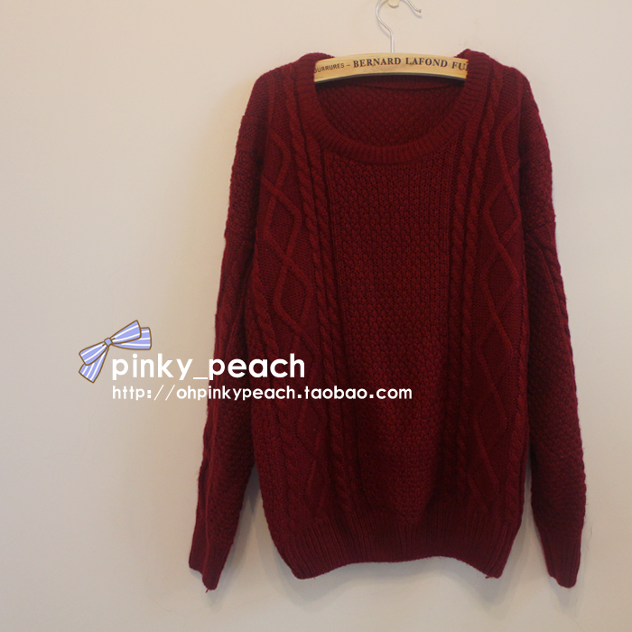 Nuan o-neck twisted thickening sweater 2 claretred