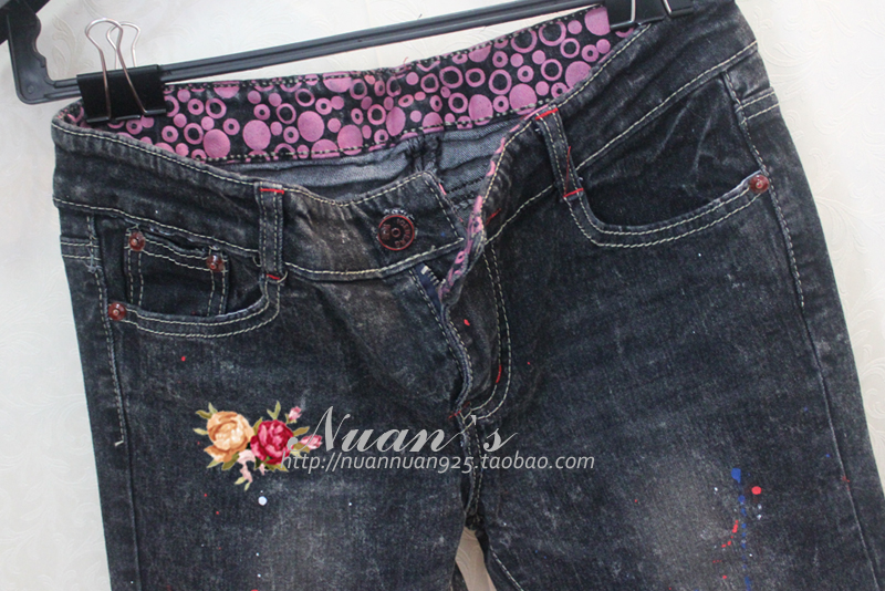 Nuan thin fashion splash-ink retro finishing wearing white skinny pencil pants jeans