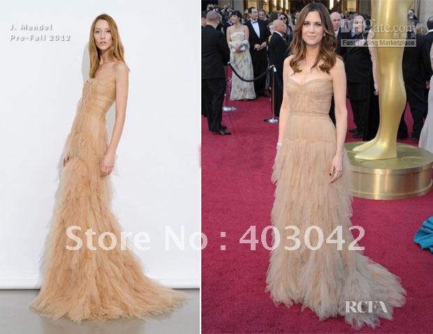 Nude Kristen Wiig J.Mendel Pre-Fall 2012 Strapless Pleated Ruffle Tulle Celebrity Dresses Oscar Gown