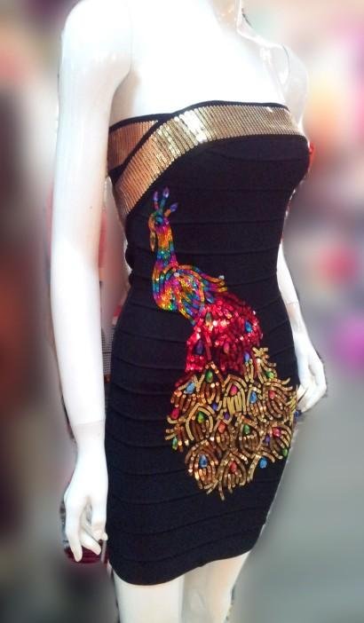 [NWT]2012 New Arrival Colorful Crystal Peacock Pattern HL Bandage Dress, Off shoulder Sleeveless Sequin Cocktail Party Dresses