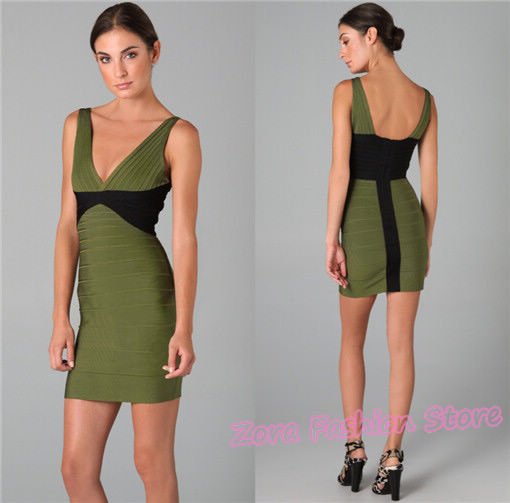 [NWT]2012 New Fresh Grass Green With Black Patchwork HL Bandage Dress,Low V Open Back Color Block Bodycon Clubwear Party Dresses
