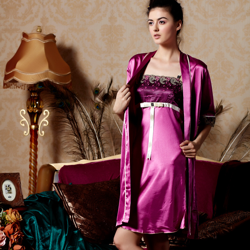 NWT fashion women's ladies Fanny spring autumn satin charming elegant faux silk sexy nightgown sleepwear 2 piece wrap robe set
