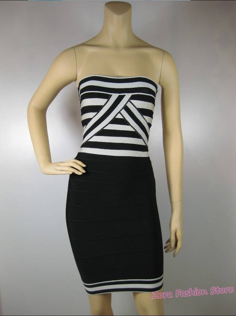 [NWT]New Style High Quality Flexible Fitted HL Bandage Dress! White Black Cross Striped Celebrity Cocktail Evening Party Dresses