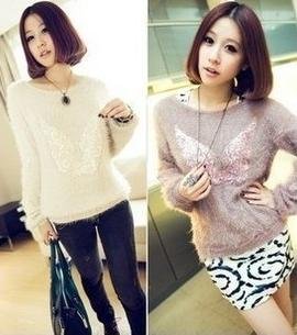 O-Neck Long Sleeve Angel Mohair Knitwear Average Size Beige/Pink Pullover Thin Sweater Spring/Autumn Women Tops 1 PC