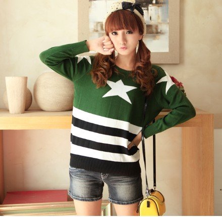 O-Neck Stripe Five-pointed Star Leisure Slim Sweaters Women's Long Sleeve Knitted Sweater Pullovers Coat + Free Shipping