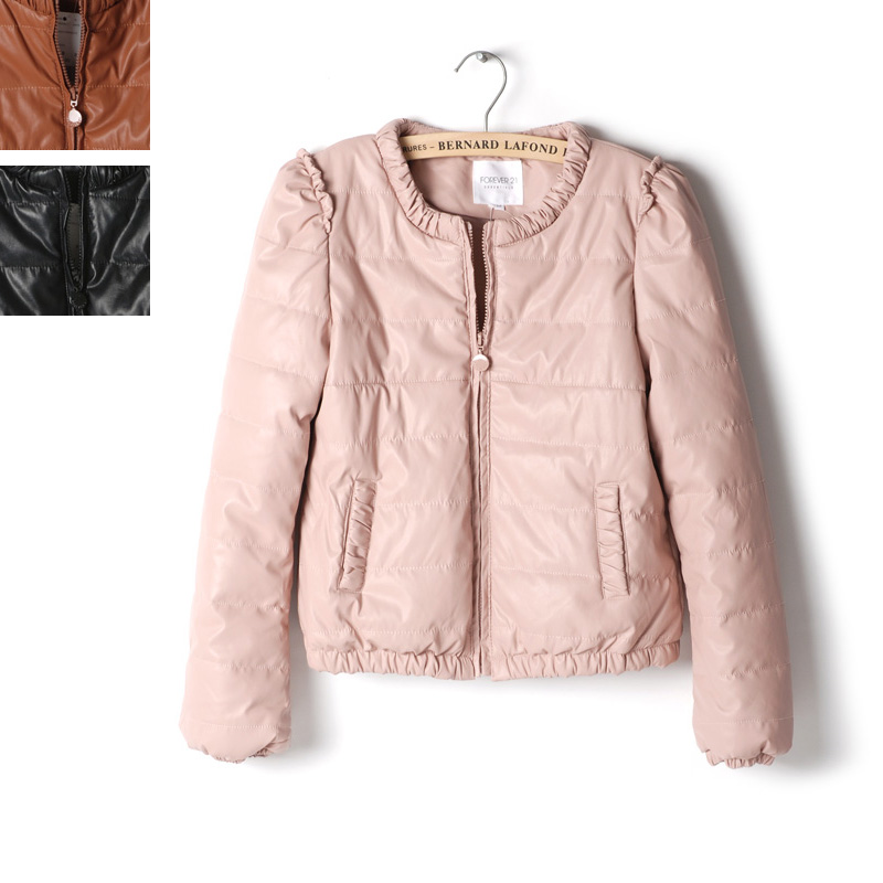 O-neck water wash PU female leather clothing wadded jacket leather cotton-padded jacket 0.53kg