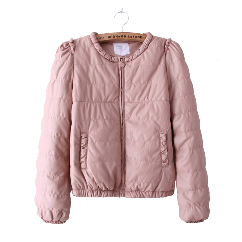 O-neck water wash PU female leather clothing wadded jacket leather cotton-padded jacket