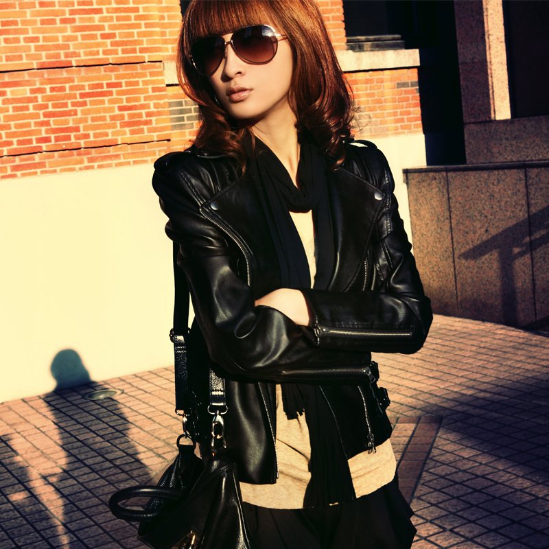 Oblique zipper 2012 autumn outerwear women's small leather clothing female short design slim PU jacket 01g3162