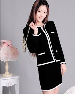 Occupation female suits Lady Elegant Black Silver wool jacket + skirt