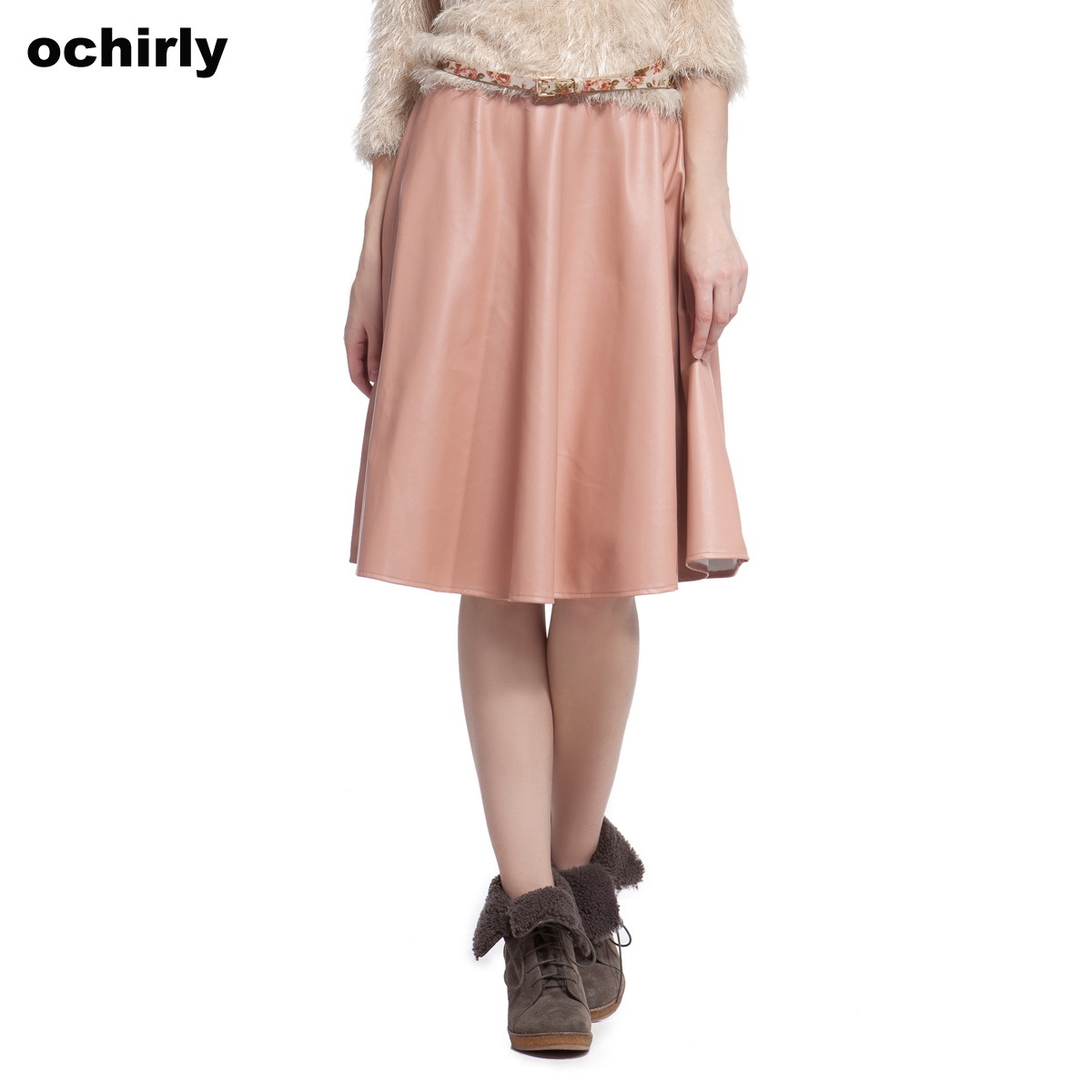 Ochirly OCHIRLY female fashion vintage pleated faux leather sheds half-length medium skirt