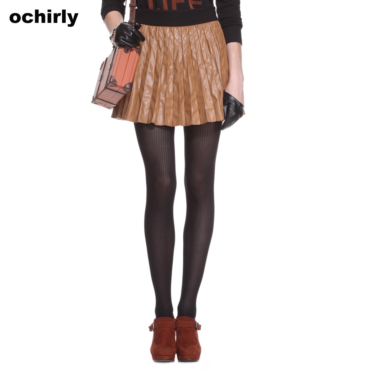 Ochirly OCHIRLY female winter fashion smoke color block decoration PU faux leather short skirt a-line skirt