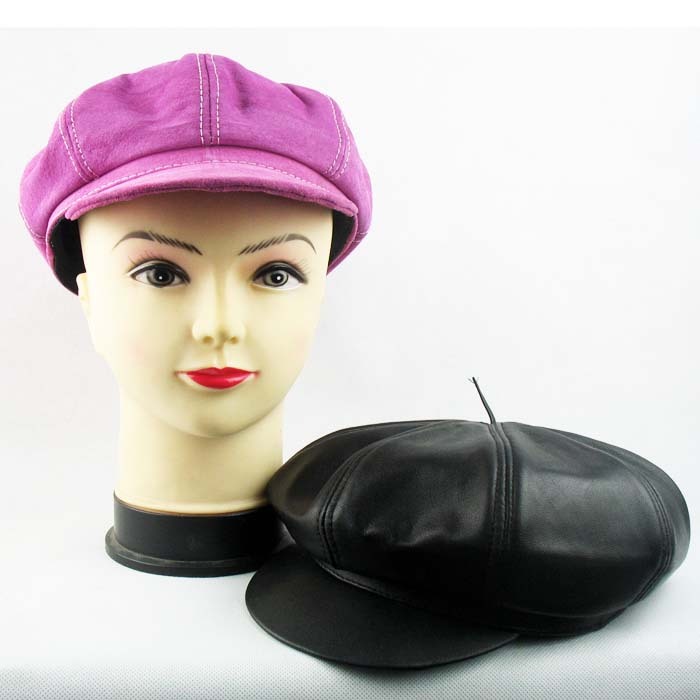 Octagonal cap genuine leather monocapped women's Pink threadbare cap casual