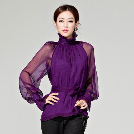 October legend purple women fashion transparent turtleneck plus size chiffon women ruffle long-sleeve chiffon shirt 12112102