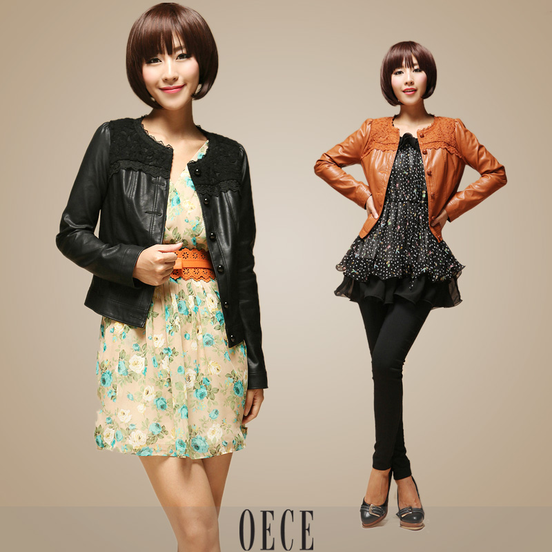 Oece 2013 spring women's o-neck leather clothing short design slim lace long-sleeve outerwear tbj055