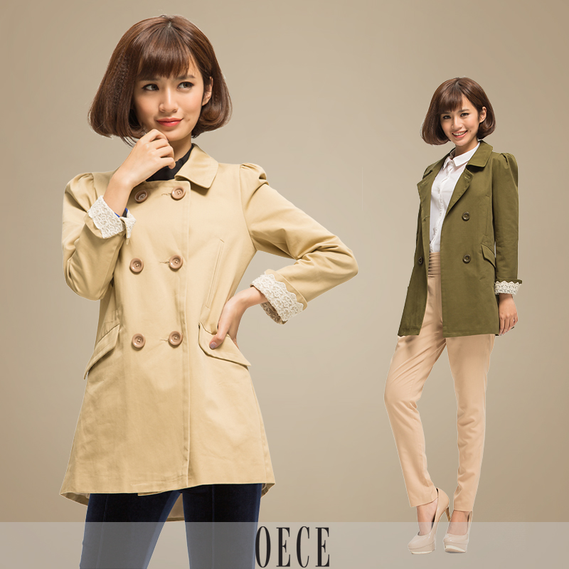 Oece 2013 spring women's slim medium-long lace outerwear double breasted trench tbj046