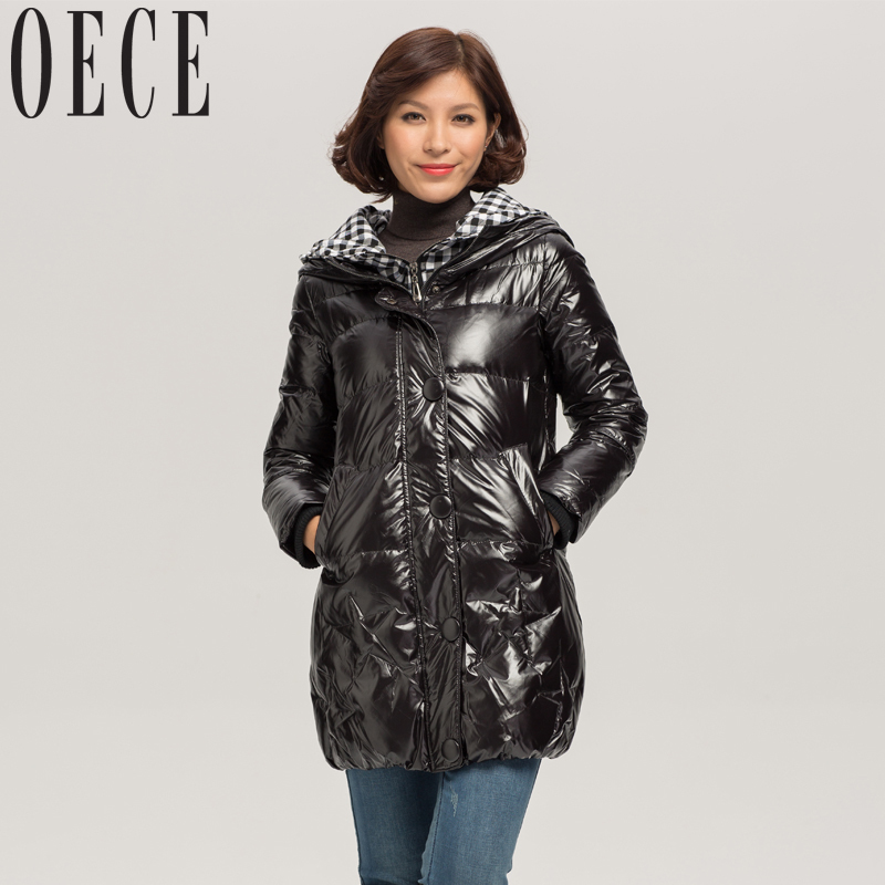 Oece2012 winter elegant fine plaid color block decoration double front fly glossy with a hood down coat