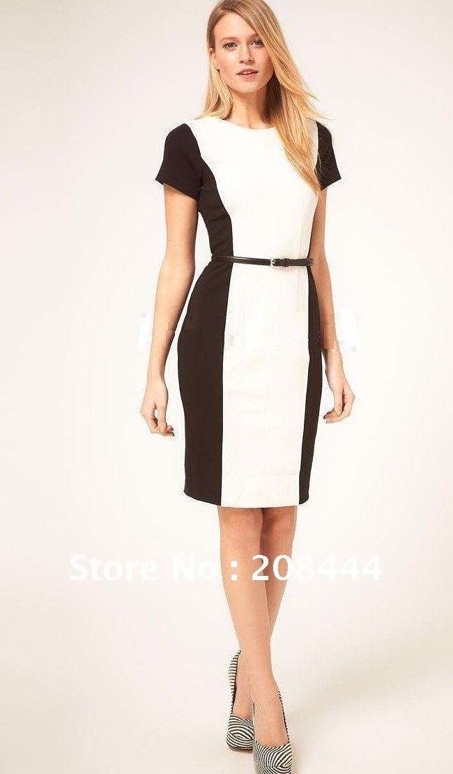 Office Ladies Black white cotton Commute women Formal Career Work Pencil Dresses. Short Sleeves tailored Dress Party  IR048
