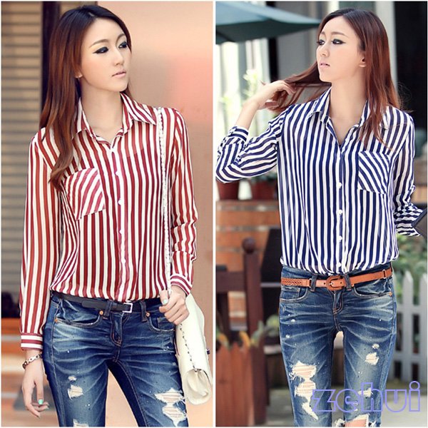 Office Ladies Button Career Stripe Shirt Long Sleeves Tunic Ladies Chiffon Shirt HR340