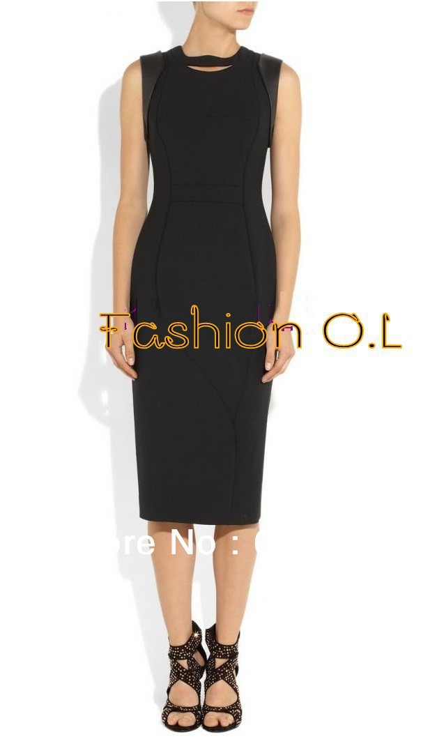 Office Ladies Commute Black Formal Career Pencil Dresses. Tailored Sexy with Leather Patchwork Dress Sleevless  IR014