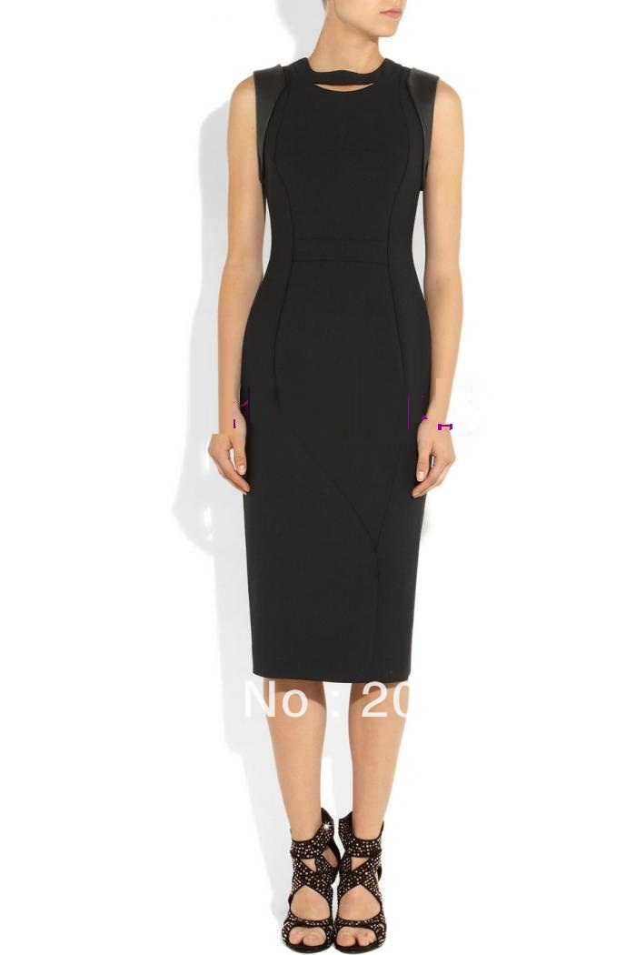 Office Ladies Commute Black Formal Career Pencil Dresses. Tailored Sexy with Leather Patchwork Dress Sleevless IR014