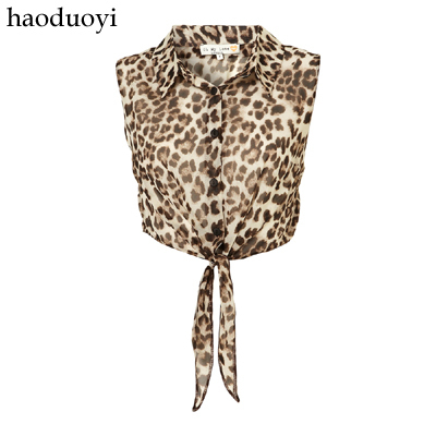 Oh leopard print short design sleeveless turn-down collar chiffon shirt 6 full lace color block