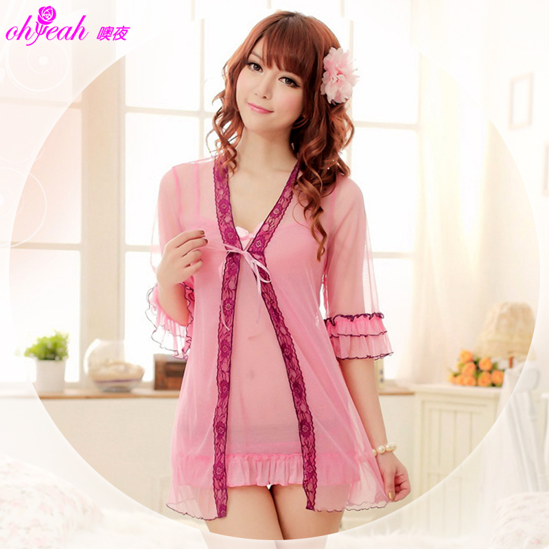Ohyeah sexy sleepwear female lace tulle transparent temptation Women nightgown robe twinset