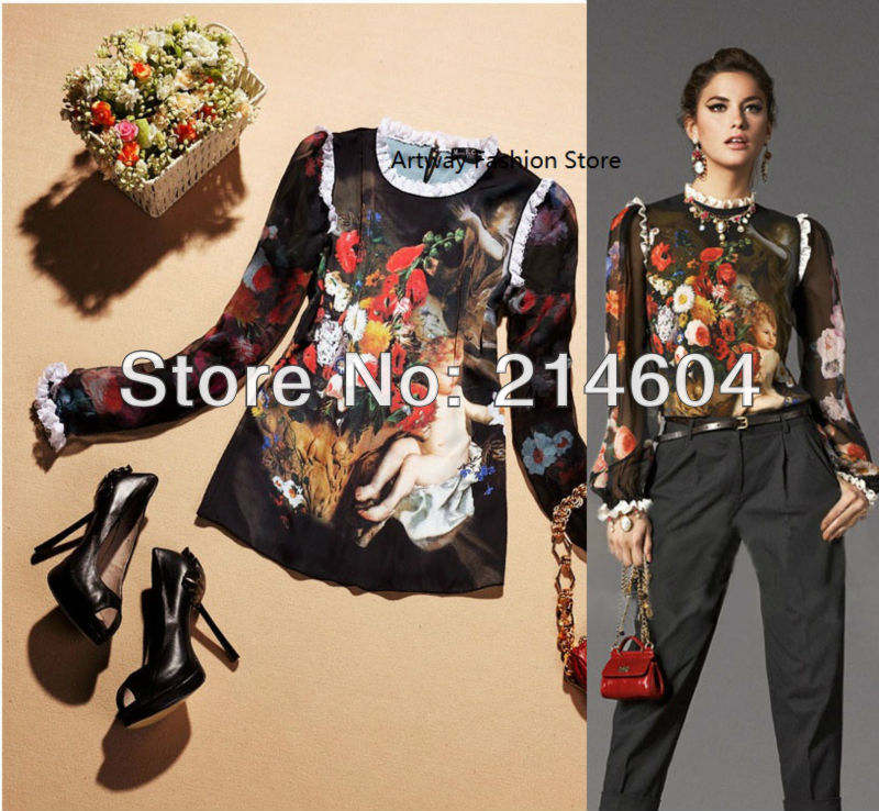 oil painting print  shirt with lace around neck and arm, fine fashion branded loose blouse;wholesale T show blouse