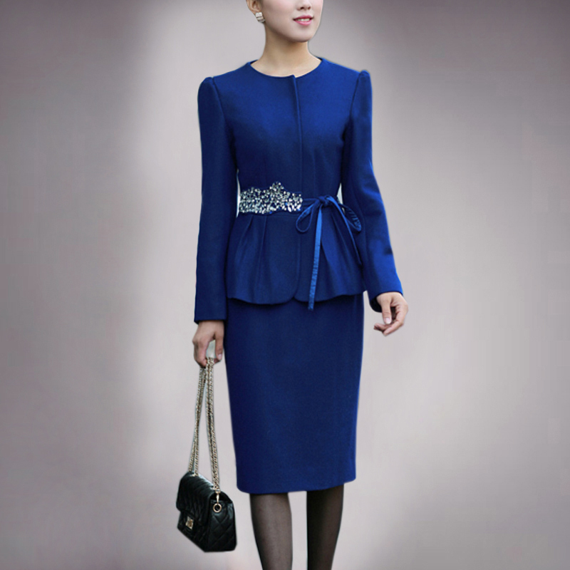 OL outfit slim waist rhinestone belt woolen skirt set plus size available