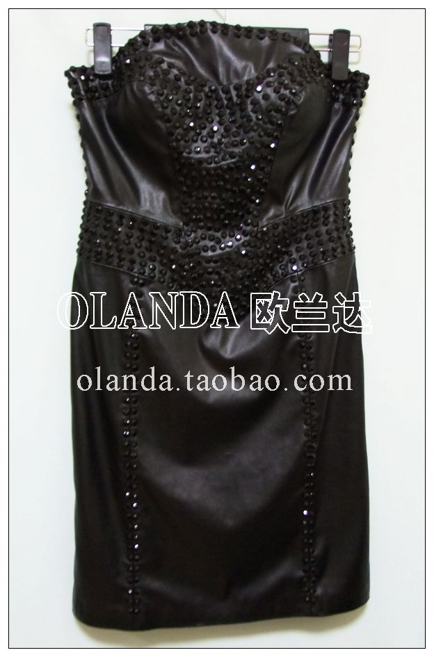 Olanda 2012 fashion autumn and winter sexy tube top dress leather skirt PU 1212 diamond beading