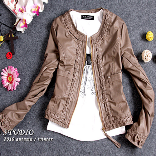 Olive branch 2013 spring female vintage motorcycle paragraph laciness o-neck water washed leather clothing FREE SHIPPING