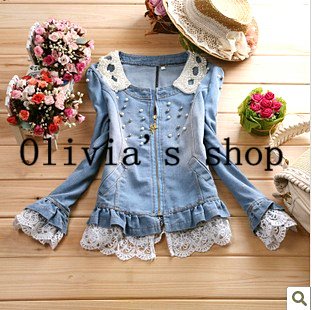 Olivia 2012 Autumn Fashionable, Sweet, Pearl Add Bud Silk Adornment Cowboy Clothing Slim Jacket+Free Shipping