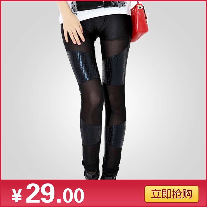 Oman 2013 spring women's PU gauze patchwork skinny pants leather pants legging omk8025