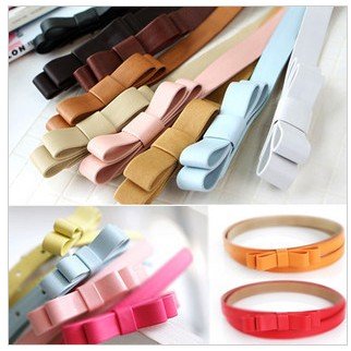 OMH  New Fashion Women's Cute Nice Candy color sweet double layer bow women's strap belt decoration PU leather Thin Belt  22g