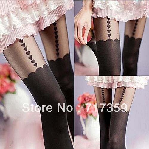 On Sale 1pc Pretty Sexy Lady Black Mock Suspender Heart Pantyhose Tights Stockings +Free Shipping  651106