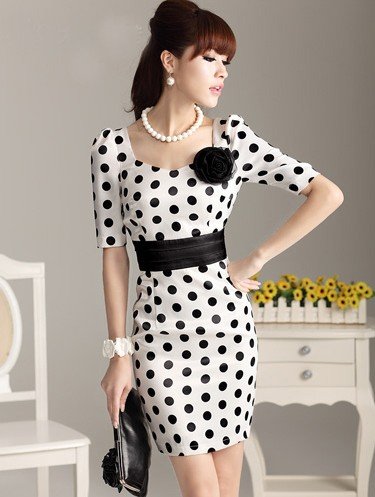 On Sale 2012 fashion elegant sexy party evening prom bud stain black polka dot print dress half sleeve slim Bow belt with flower