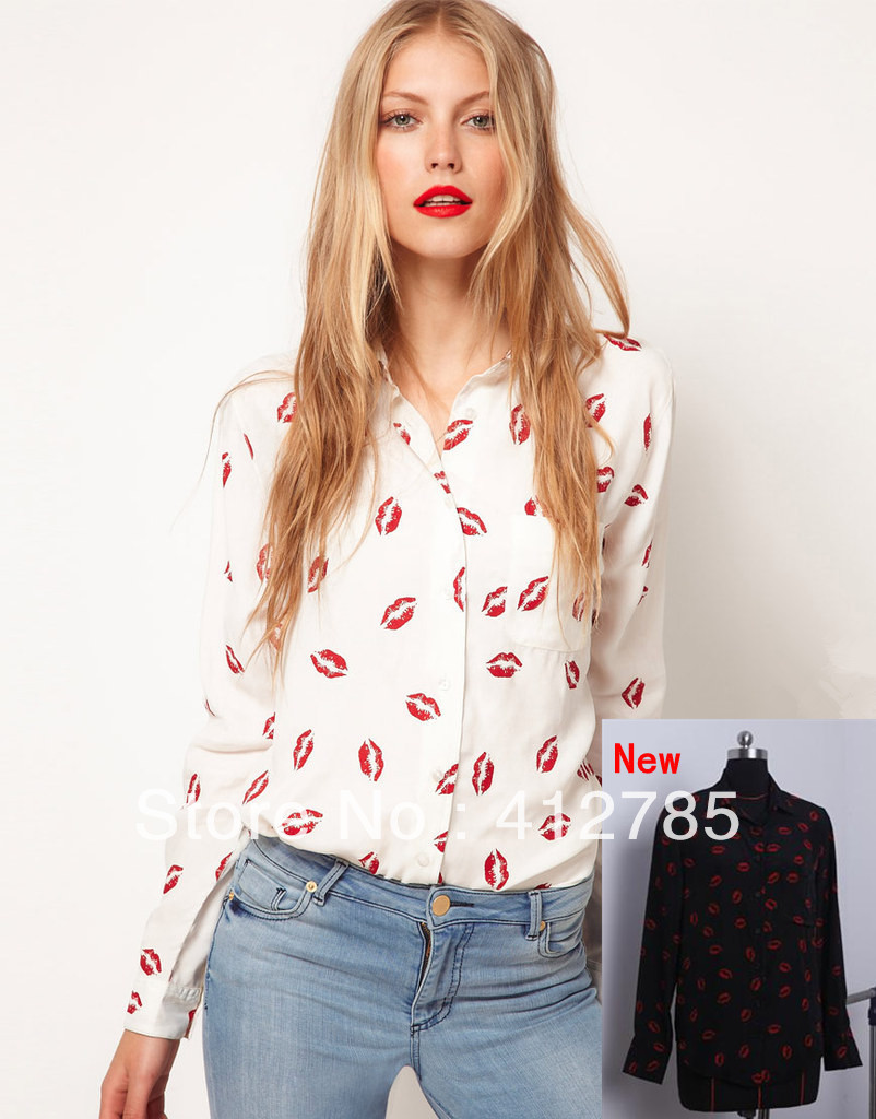 On sale New Fashion Women's Printing Red Lips Chiffon Blouse, Trendy Shirts For Woman, Black White, Free Shipping