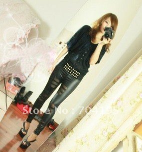 On vacation Europen Style Sexy Broken Hole Leggings pants  imitation leather Tights leggings