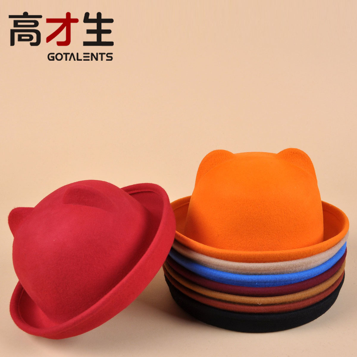 One piece cat ears wool cap roll-up hem dome small fedoras little devils on cap