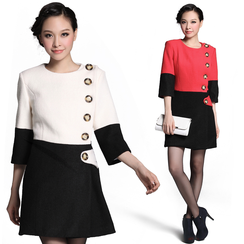 One-piece dress autumn and winter women's woolen trench outerwear all-match princess dress color block quality wool coat