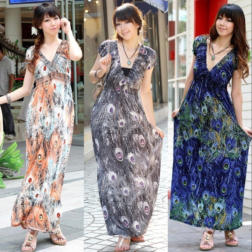 One piece dress Fashion belt sleeve length skirt plus size bohemia peacock queen one-piece dress beach dress Free shipping