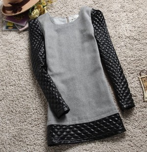 One-piece dress woolen long-sleeve basic one-piece dress fashion patchwork leather small