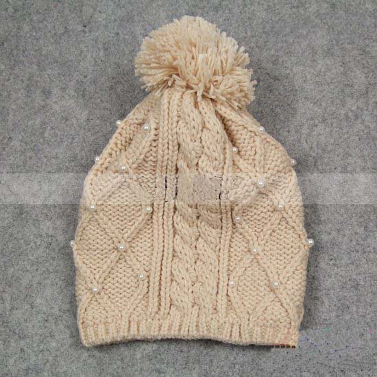 One Piece Wholesale 2012  Solid Color Woman Winter Hat  Hand Knitted Sweet Headwear Women  Cap Pearl Drill  Acrylic 5 color