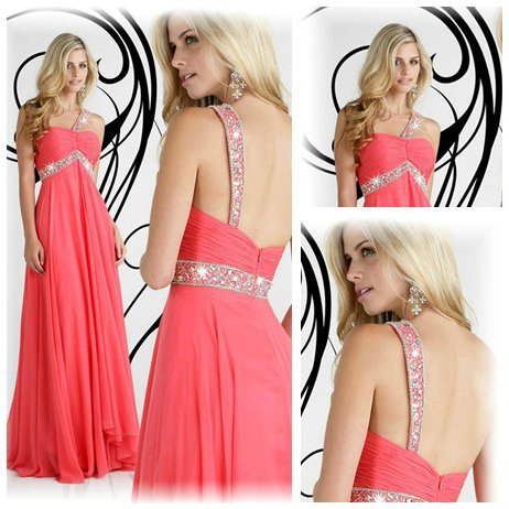 One Shoulder Empire Silver Stones Water Melon Color Long Cheap Chiffon Prom Dresses