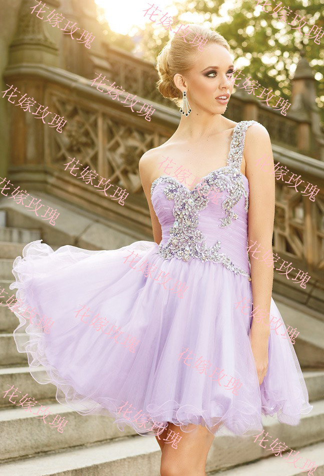 One shoulder formal dress light purple puff skirt luxury quality short formal dress banquet lace rhinestone