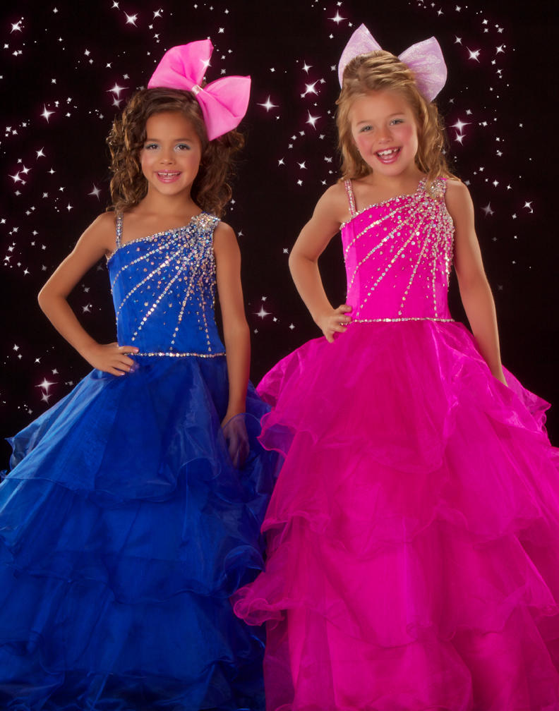 One Shoulder Royal Blue Fuchsia Organza Beaded Sequins Ruffles Layers Cheap Pageant Dresses Flower Girl dresses