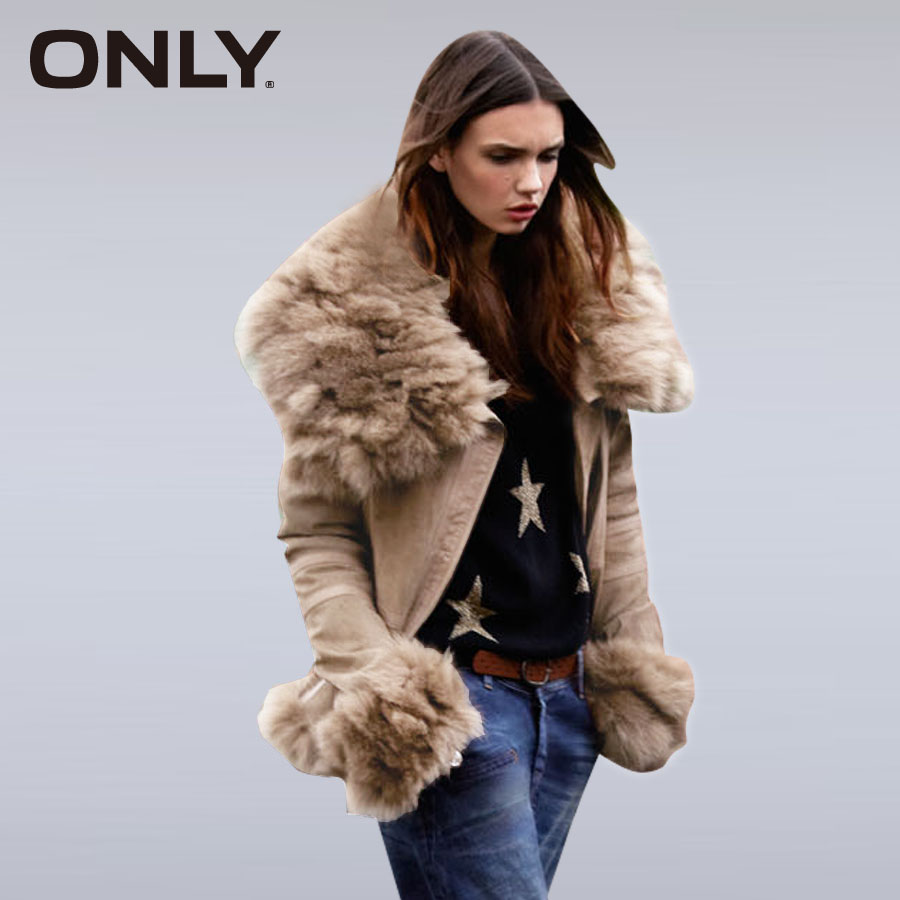 Only genuine leather fur collar front fly print pigskin slim leather clothing t deep sand color 112428020122